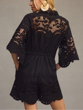 Ranna Gill Anthropologie Button Down Romper Size 4 Crochet Lace